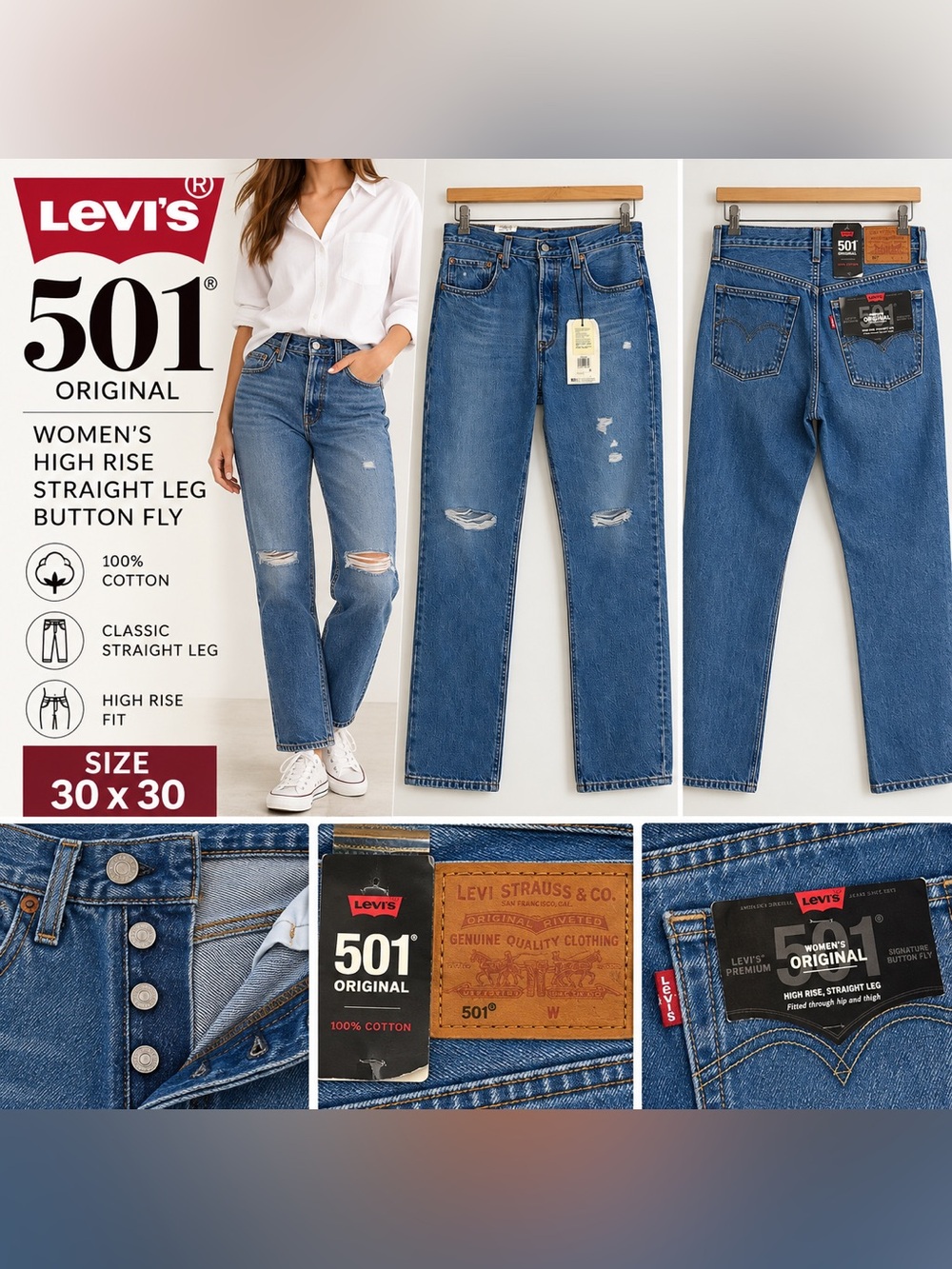 Levi’s 501 Original High Rise Straight Leg Button Fly Jeans Women’s 30 x 30 NWT
